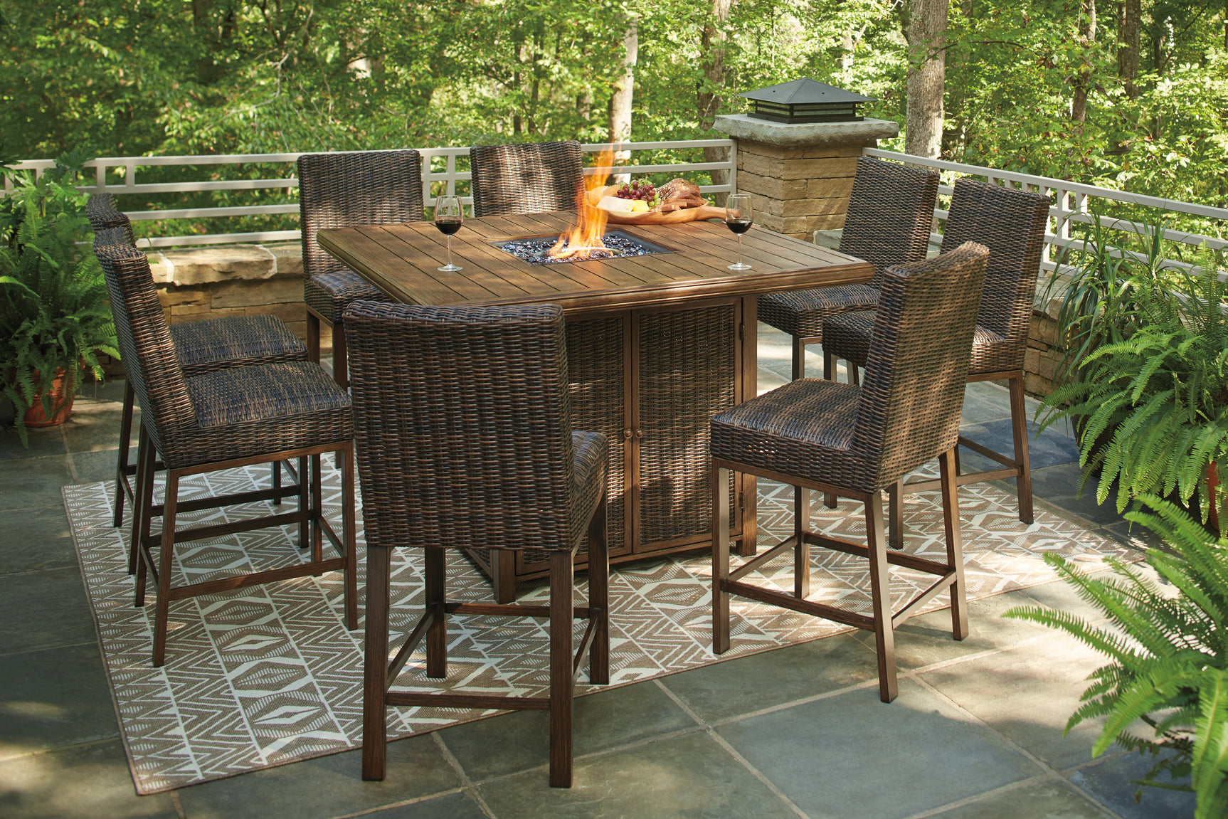 Paradise Trail Medium Brown Outdoor Counter Height Dining Table w/6 Barstools - Ornate Home