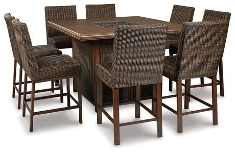 Paradise Trail Medium Brown Outdoor Counter Height Dining Table with 6 Barstools - Ornate Home