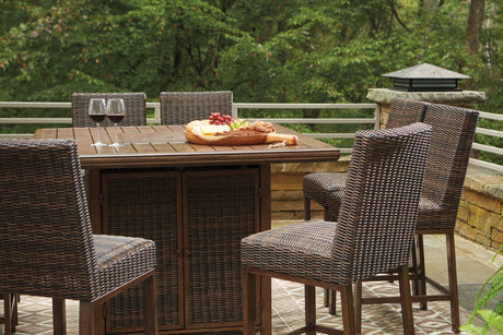 Paradise Trail Medium Brown Outdoor Counter Height Dining Table with 6 Barstools - Ornate Home