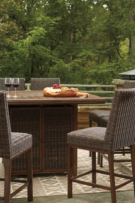 Paradise Trail Medium Brown Outdoor Counter Height Dining Table with 6 Barstools - Ornate Home