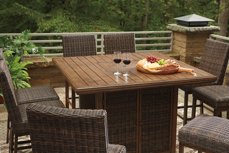Paradise Trail Medium Brown Outdoor Counter Height Dining Table with 6 Barstools - Ornate Home