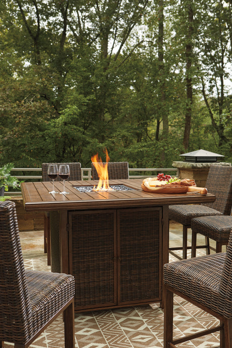Paradise Trail Medium Brown Outdoor Counter Height Dining Table with 6 Barstools - Ornate Home