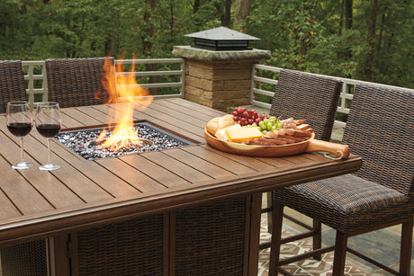 Paradise Trail Medium Brown Outdoor Counter Height Dining Table with 6 Barstools - Ornate Home