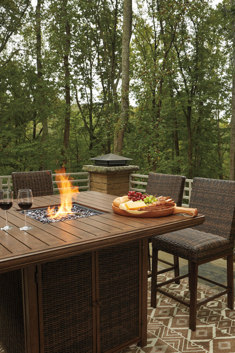 Paradise Trail Medium Brown Outdoor Counter Height Dining Table with 6 Barstools - Ornate Home