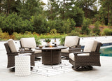 Paradise Trail Medium Brown Outdoor Fire Pit Table with 4 Lounge Chairs - Ornate Home