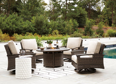 Paradise Trail Medium Brown Outdoor Fire Pit Table with 4 Lounge Chairs - Ornate Home
