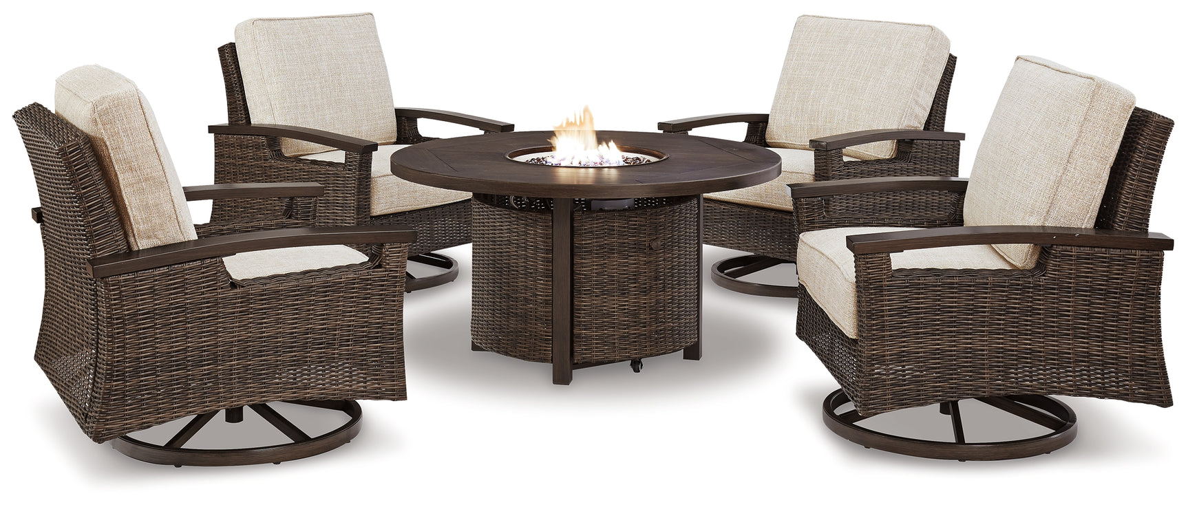 Paradise Trail Medium Brown Outdoor Fire Pit Table with 4 Lounge Chairs - Ornate Home