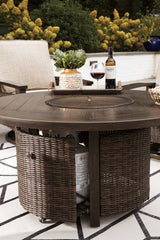 Paradise Trail Medium Brown Outdoor Fire Pit Table with 4 Lounge Chairs - Ornate Home