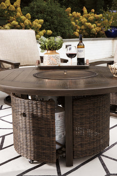 Paradise Trail Medium Brown Outdoor Fire Pit Table with 4 Lounge Chairs - Ornate Home