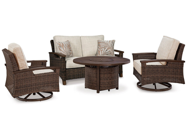 Paradise Trail Medium Brown Outdoor Loveseat & Fire Pit Table & 2 Lounge Chairs - Ornate Home