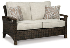 Paradise Trail Medium Brown Outdoor Loveseat & Fire Pit Table & 2 Lounge Chairs - Ornate Home