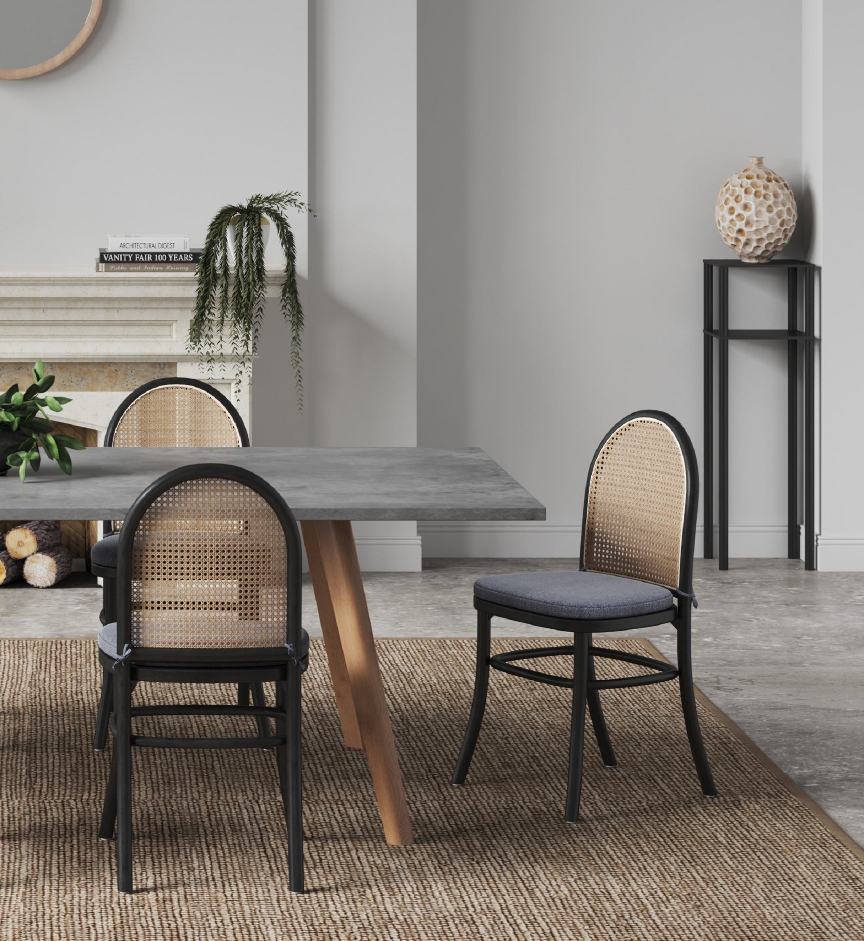 Paragon Dining Chair 1.0 with Grey Cushions in Black and Cane (set of 2) - Ornate Home