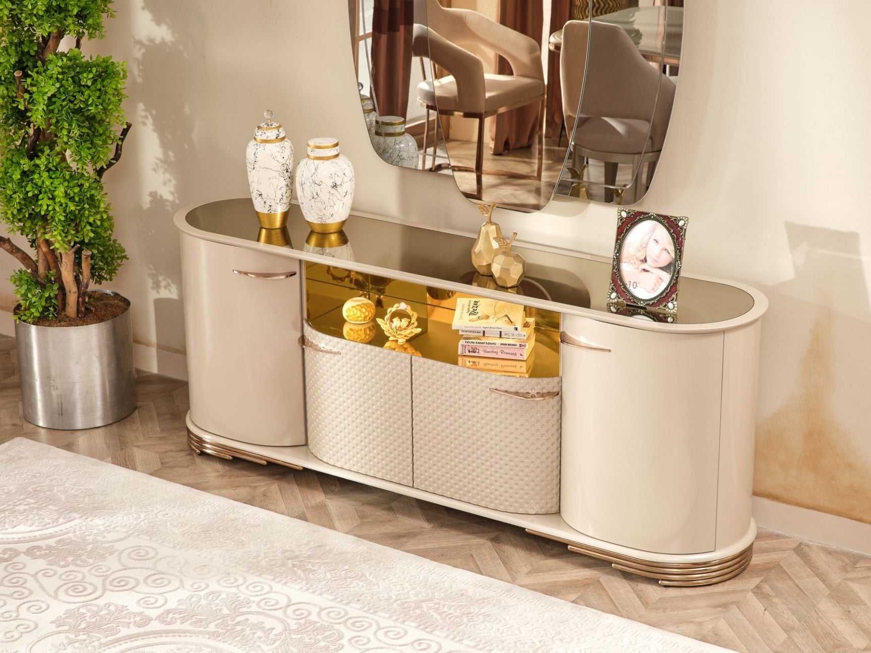 Paris Cream Dining Room Set (Consol With Mirror & Dining Table & 6 Dining Chair)