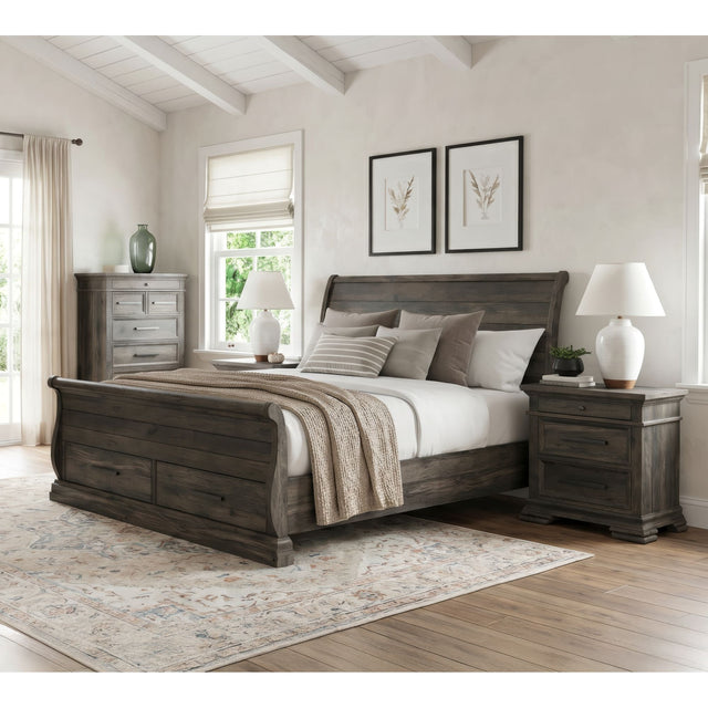 Park Ridge Charcoal 4-Piece Queen Sleigh Storage Bedroom Set with 2 Nightstands & Chest - Ornate Home