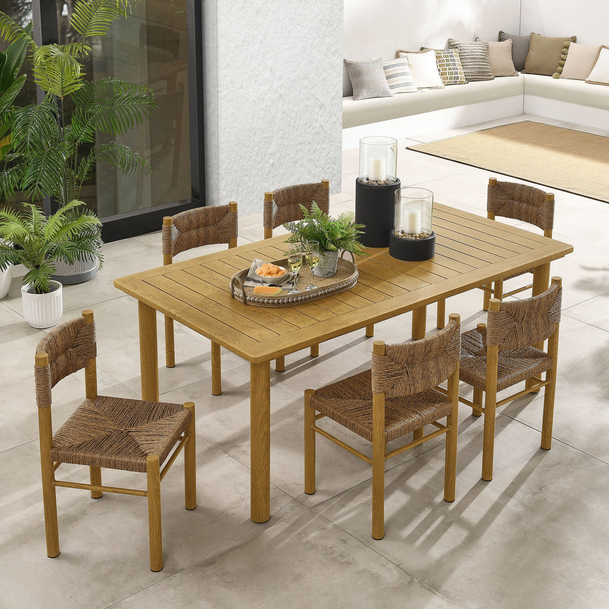 Parkland Natural 7-Piece Rectangular Outdoor Patio Rattan and Aluminum Dining Table and Chairs Set - Ornate Home