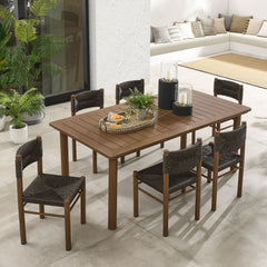Parkland Walnut 7-Piece Rectangular Outdoor Patio Rattan and Aluminum Dining Table and Chairs Set - Ornate Home