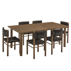 Parkland Walnut 7-Piece Rectangular Outdoor Patio Rattan and Aluminum Dining Table and Chairs Set - Ornate Home
