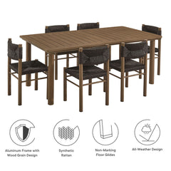 Parkland Walnut 7-Piece Rectangular Outdoor Patio Rattan and Aluminum Dining Table and Chairs Set - Ornate Home