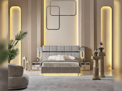 Parma Cream/Grey Bedroom Set (Queen Frame With Headboard & Dresser With Mirror & 2 Nightstand) - Ornate Home