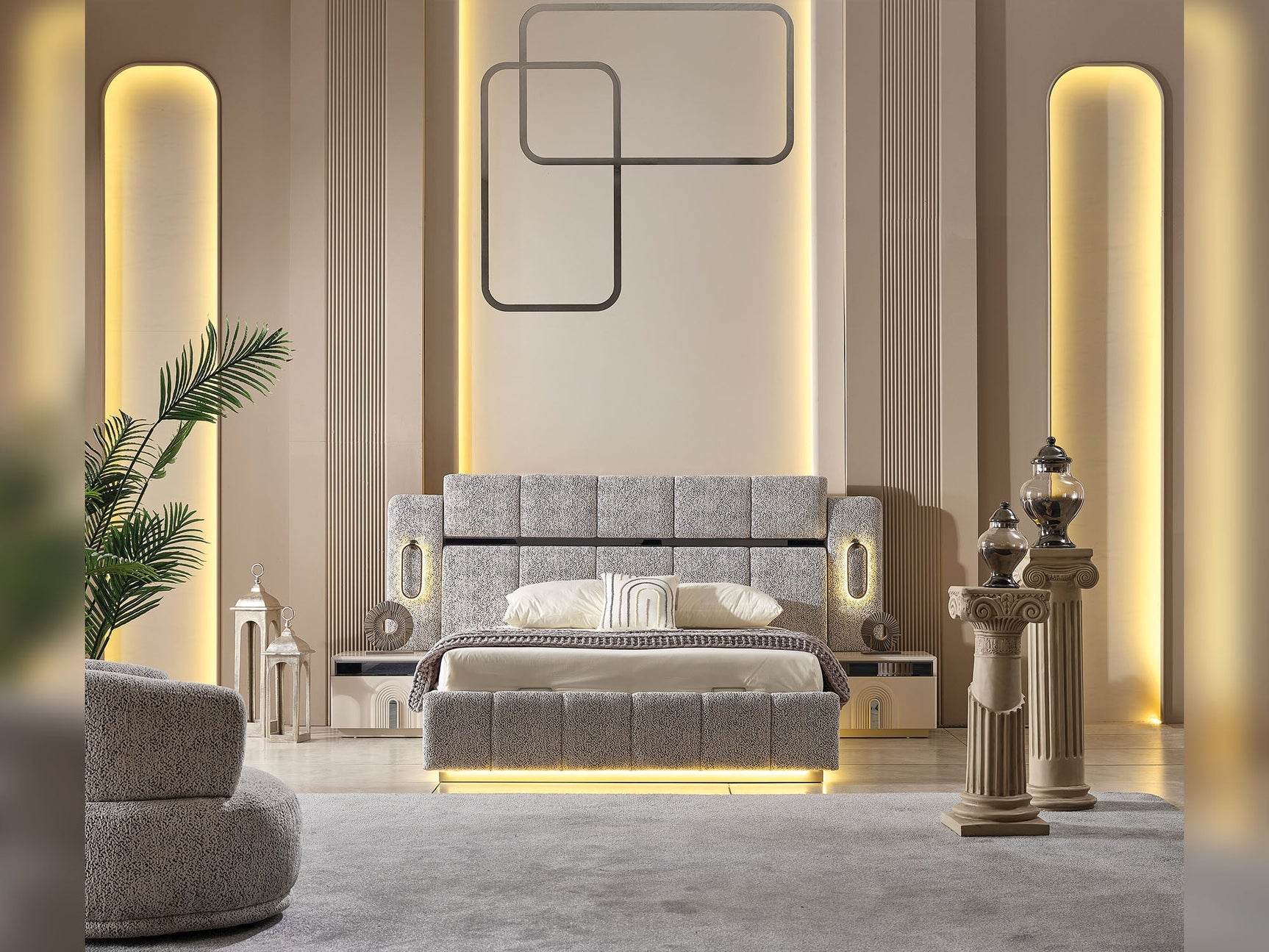 Parma Cream/Grey Bedroom Set (Queen Frame With Headboard & Dresser With Mirror & 2 Nightstand)