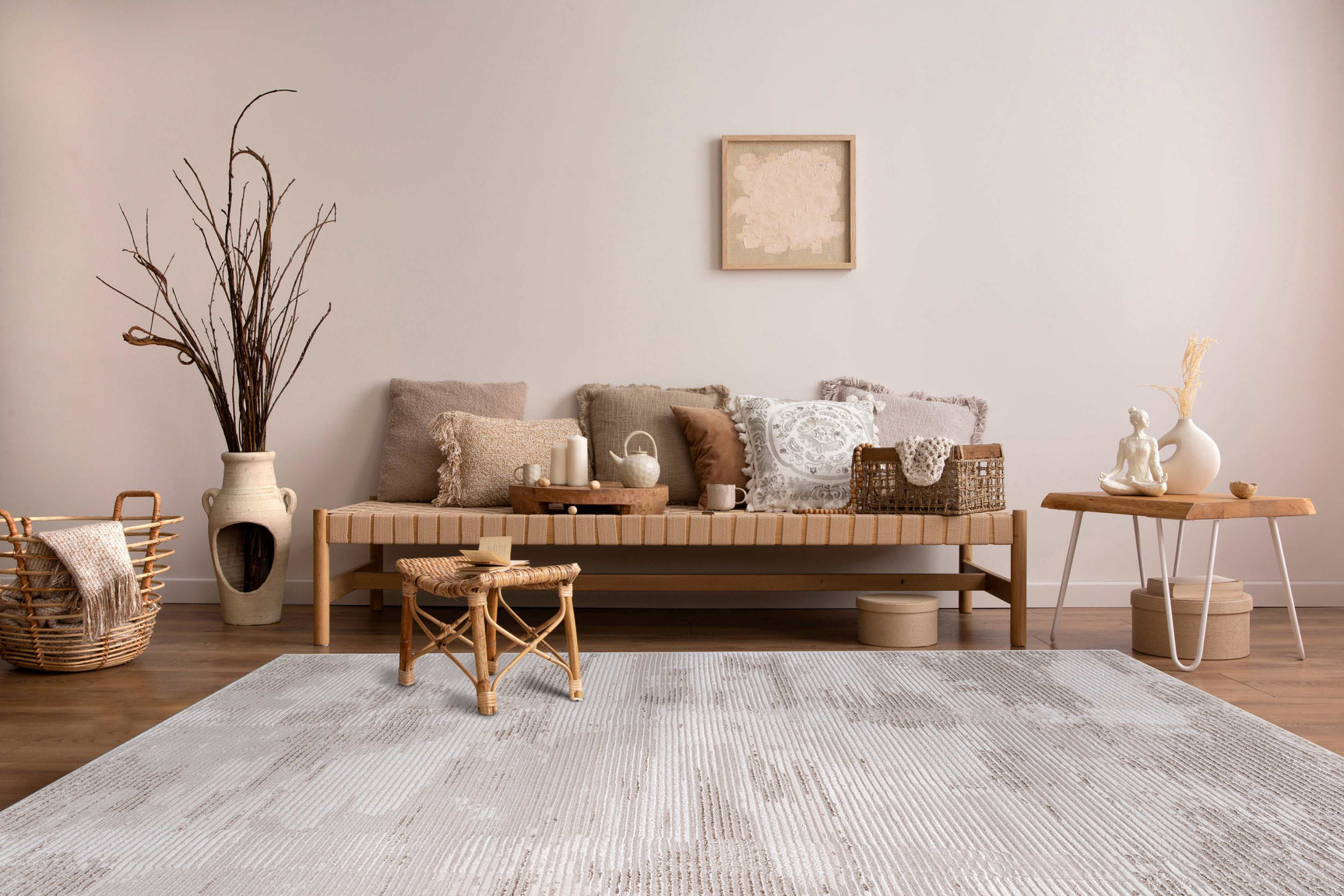 Pastoral Beige/White Woven Non-Slip Indoor Distressed Woven Area Rug - Ornate Home