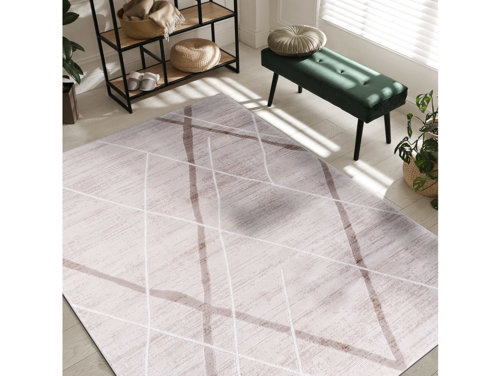 Pastoral Beige/White Woven Non-Slip Indoor Geometric Pattern Area Rug - Ornate Home