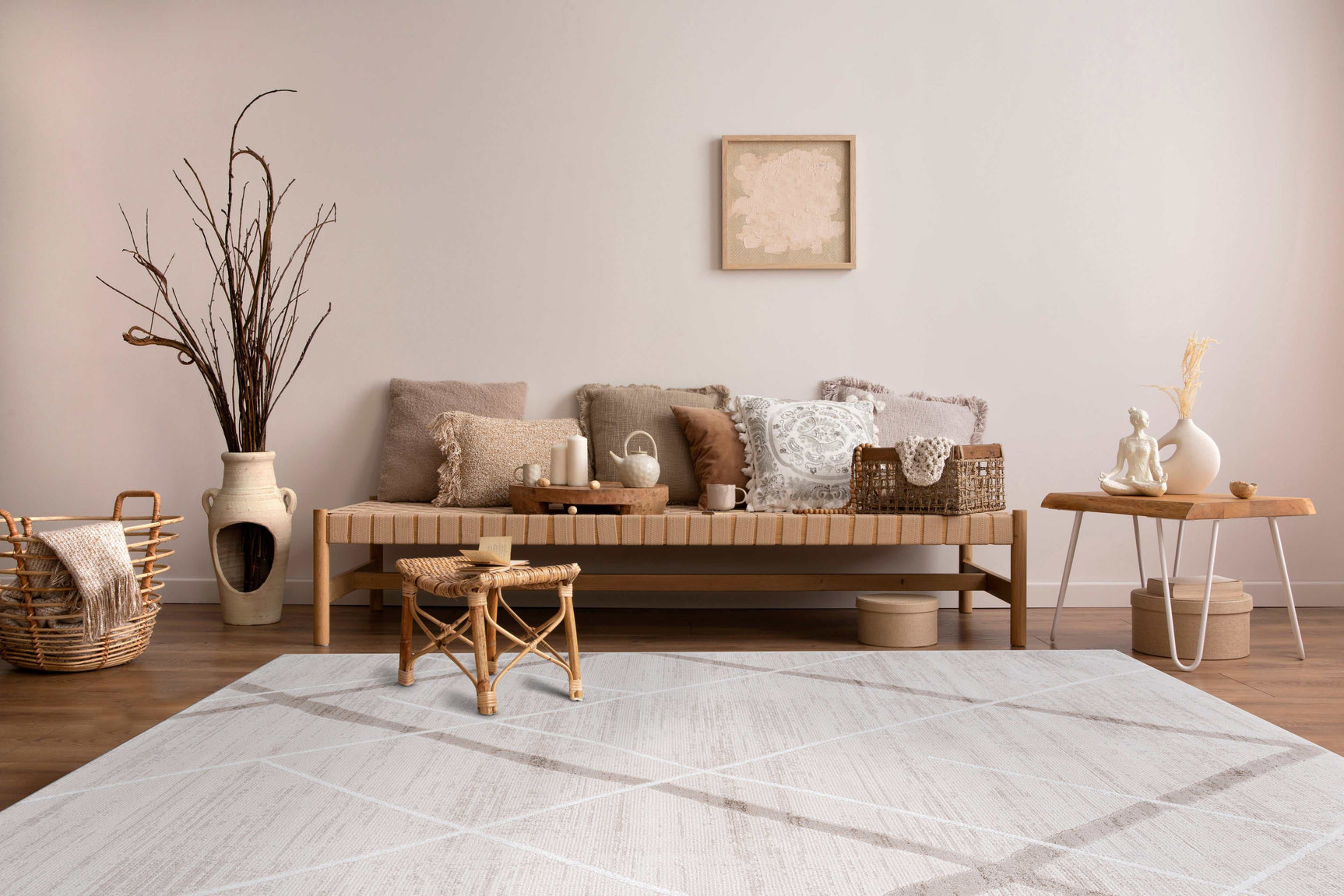Pastoral Beige/White Woven Non-Slip Indoor Geometric Pattern Area Rug - Ornate Home