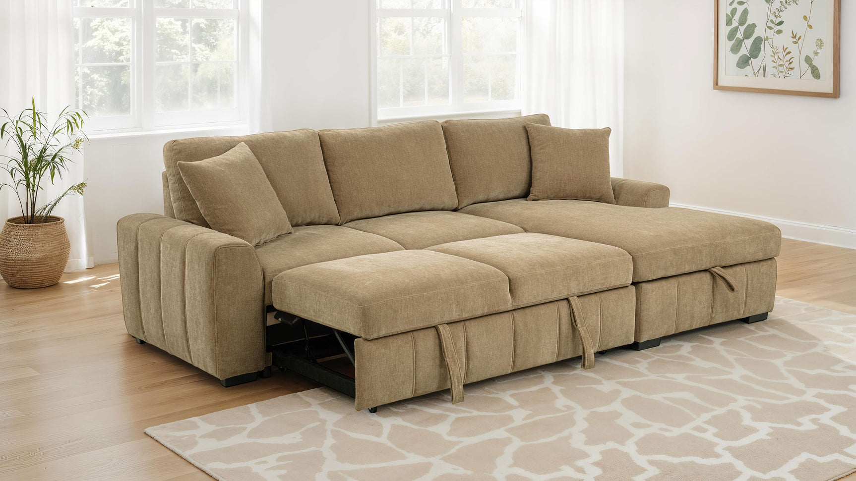 Pastrana Camel Upholstered Sleeper Sectional Sofa RAF Chaise - Ornate Home