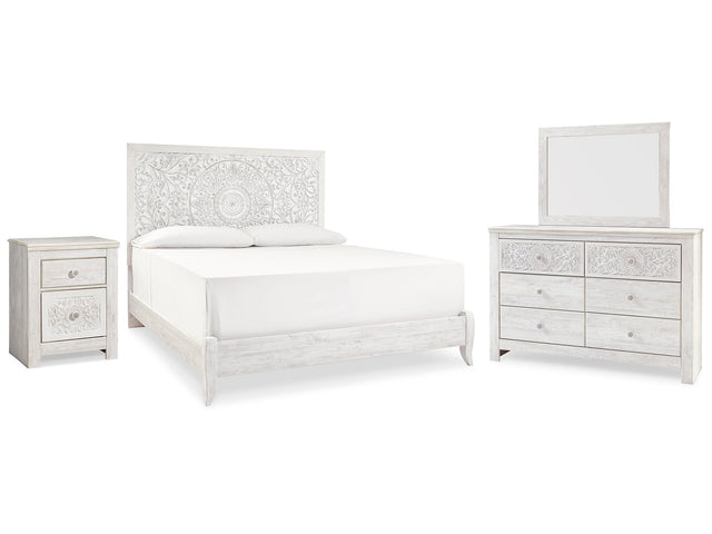Paxberry Whitewash King Panel Bed & Dresser & Mirror & Nightstand (Online Special Price) - Ornate Home