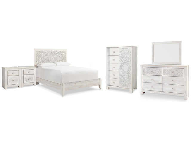 Paxberry Whitewash Queen Panel Bedroom Set with Dresser, Mirror, Chest and 2 Nightstands - Ornate Home