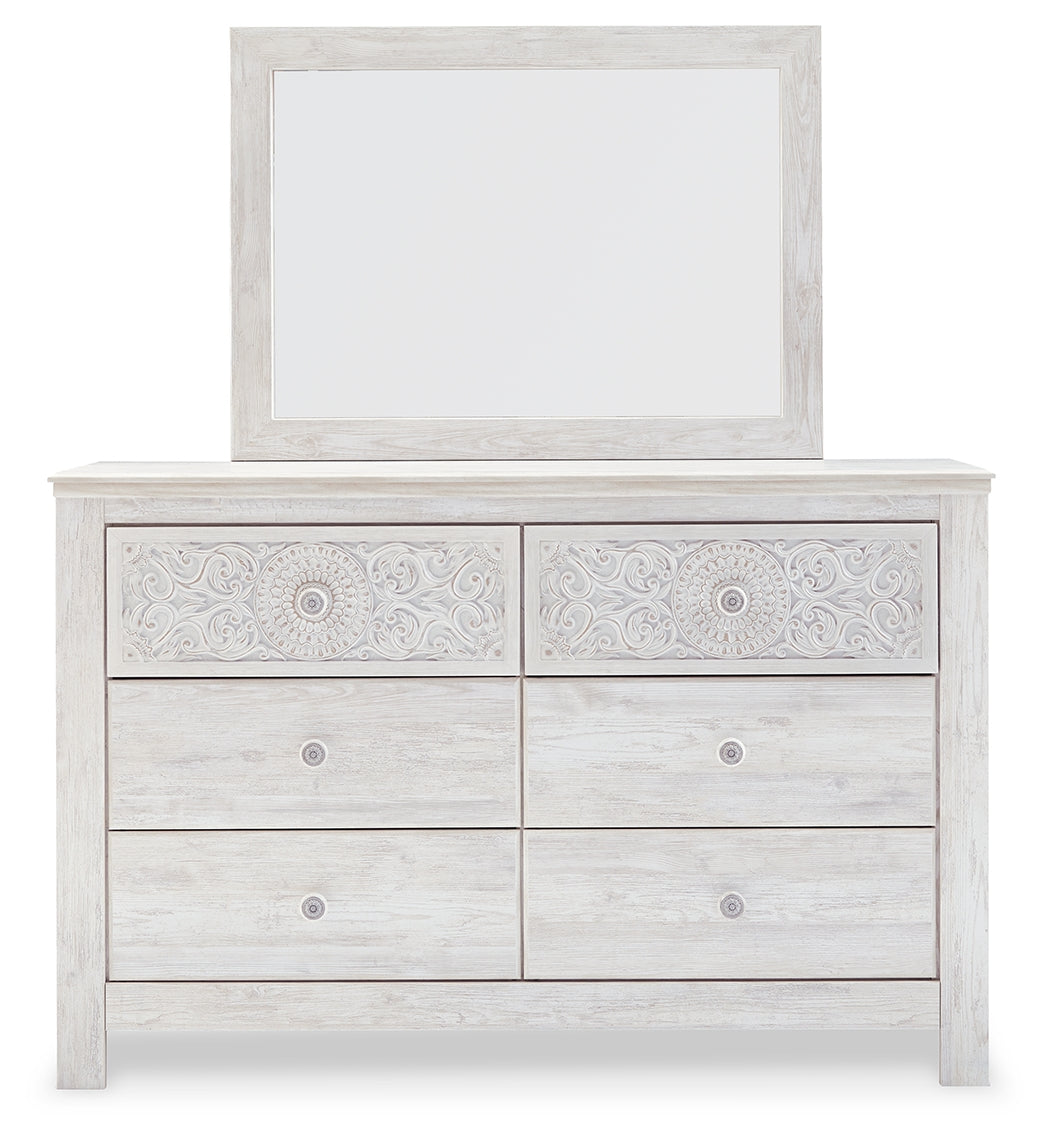 Paxberry Whitewash Queen Panel Bedroom Set with Dresser, Mirror, Chest and 2 Nightstands - Ornate Home