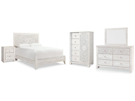 Paxberry Whitewash Queen Panel Bedroom Set with Dresser, Mirror, Chest and Nightstand - Ornate Home