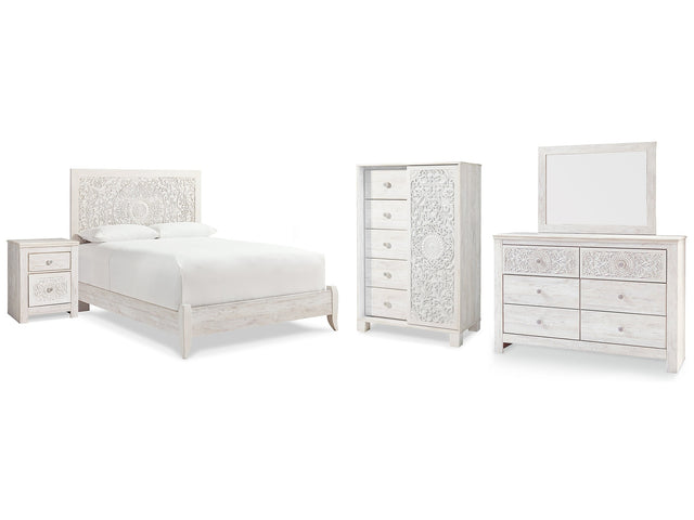 Paxberry Whitewash Queen Panel Bedroom Set with Dresser, Mirror, Chest and Nightstand - Ornate Home