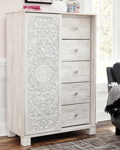 Paxberry Whitewash Queen Panel Bedroom Set with Dresser, Mirror, Chest and Nightstand - Ornate Home