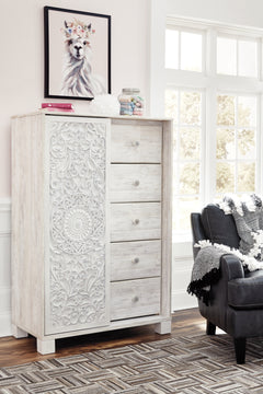 Paxberry Whitewash Queen Panel Bedroom Set with Dresser, Mirror, Chest and Nightstand - Ornate Home