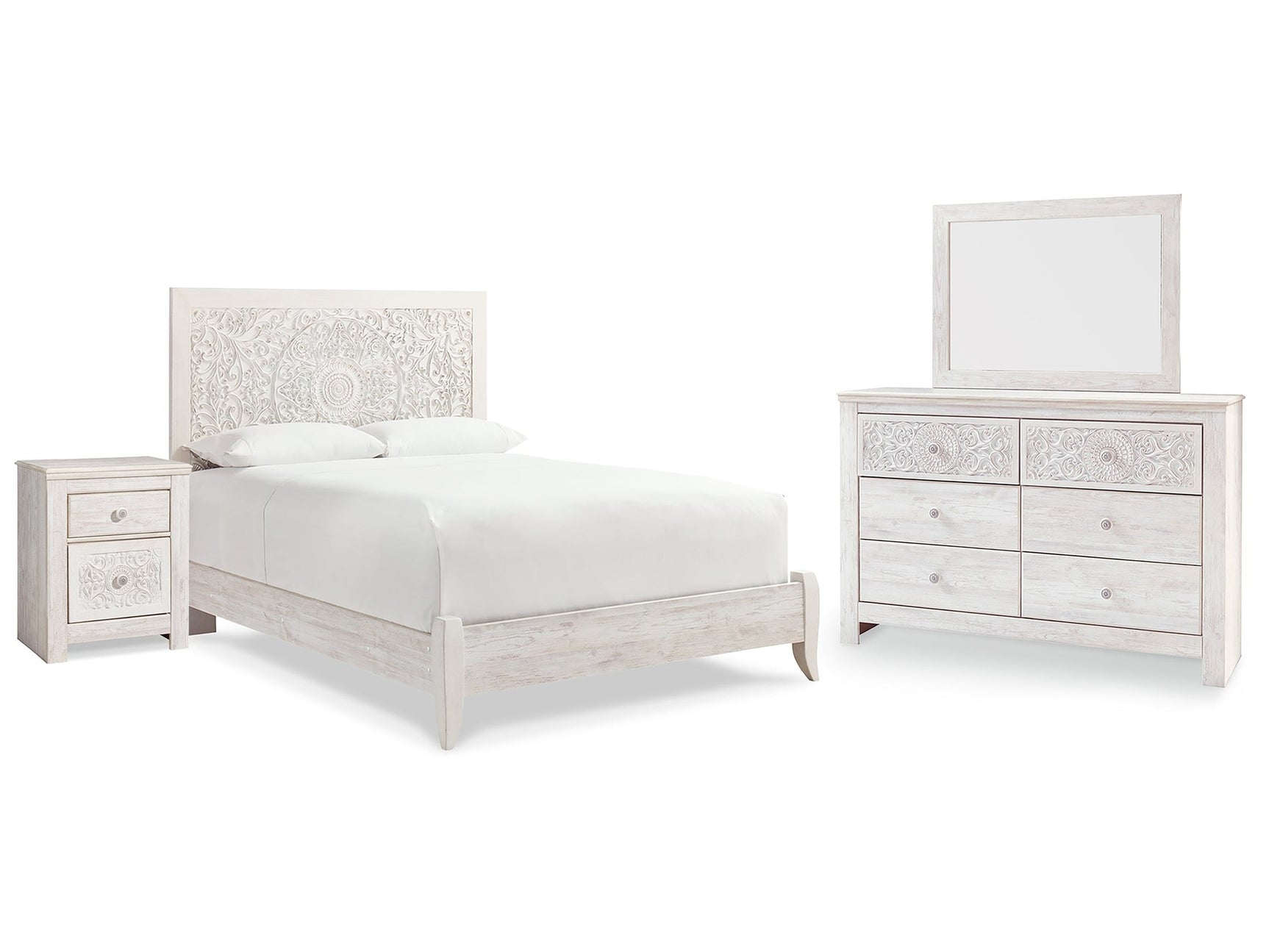 Paxberry Whitewash Queen Panel Bedroom Set with Dresser, Mirror and Nightstand - Ornate Home