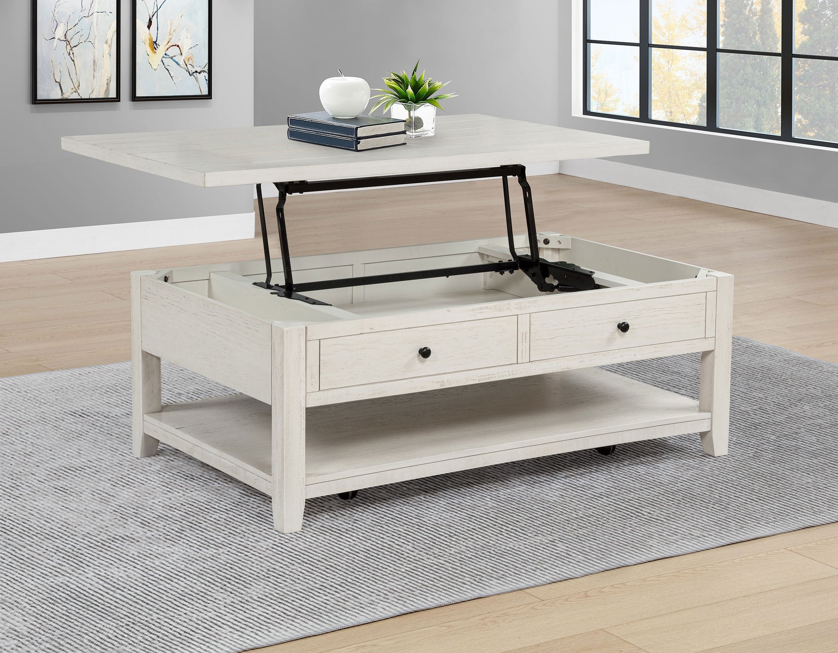 Payne Distressed White 48-inch Mobile Lift Top Coffee Table - Ornate Home