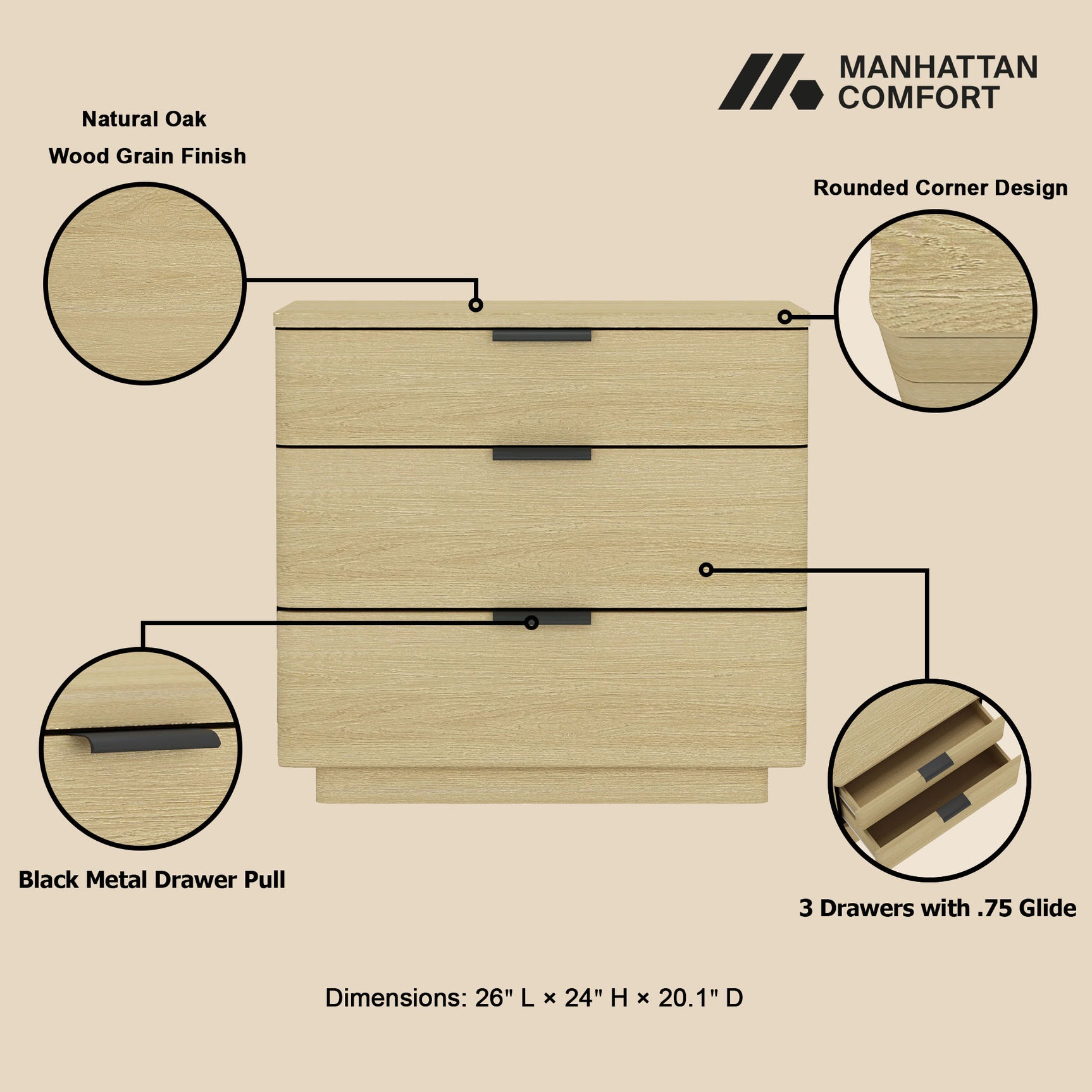 Payton Nightstand in Natural Oak and Black - Ornate Home