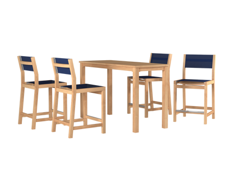Pearl 5-Piece Rectangular Teak Blue Outdoor Counter Height Dining Set - Ornate Home