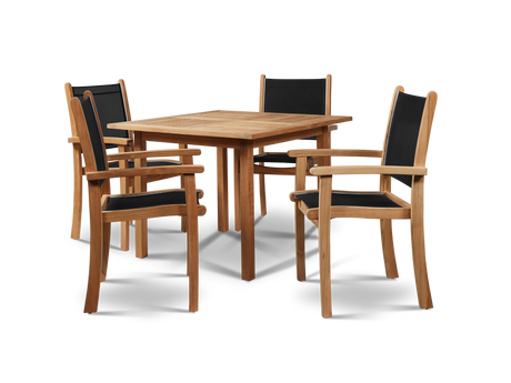 Pearl 5-Piece Square Teak Black Outdoor Dining Set with Stacking Armchairs - Ornate Home