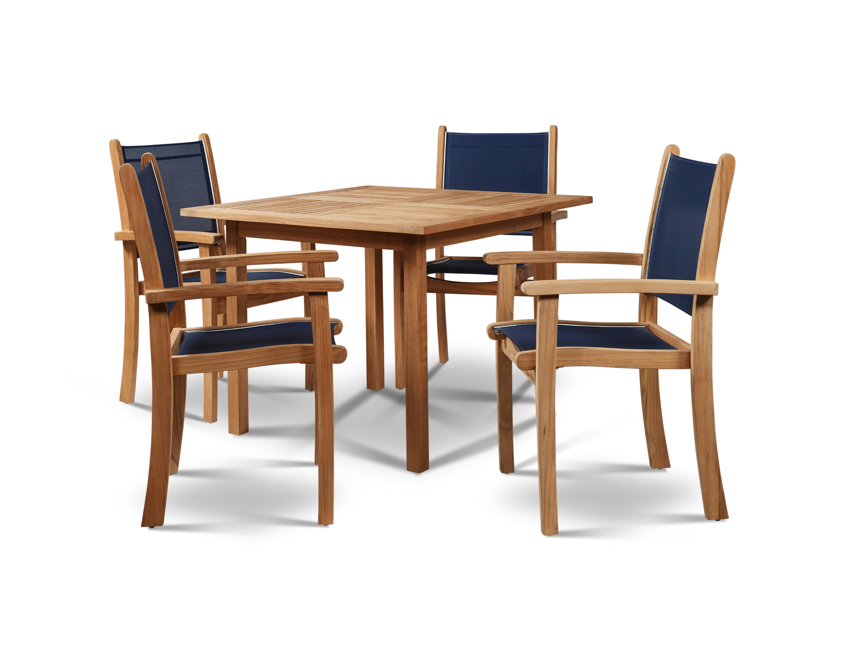 Pearl 5-Piece Square Teak Blue Outdoor Dining Set with Stacking Armchairs - Ornate Home