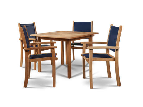 Pearl 5-Piece Square Teak Blue Outdoor Dining Set with Stacking Armchairs - Ornate Home