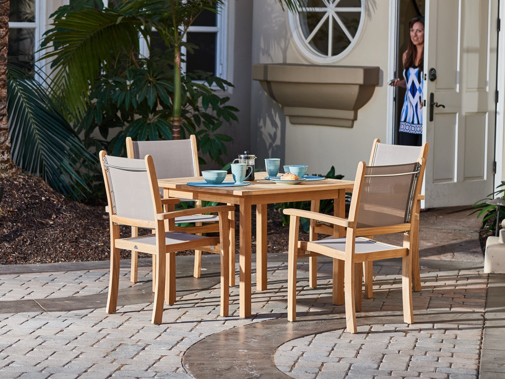 Pearl 5-Piece Square Teak Taupe Outdoor Dining Set with Stacking Armchairs - Ornate Home