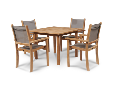 Pearl 5-Piece Square Teak Taupe Outdoor Dining Set with Stacking Armchairs - Ornate Home
