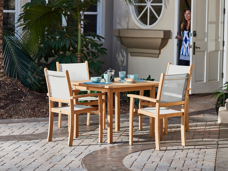 Pearl 5-Piece Square Teak White Outdoor Dining Set with Stacking Armchairs - Ornate Home
