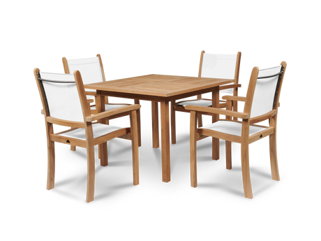 Pearl 5-Piece Square Teak White Outdoor Dining Set with Stacking Armchairs - Ornate Home