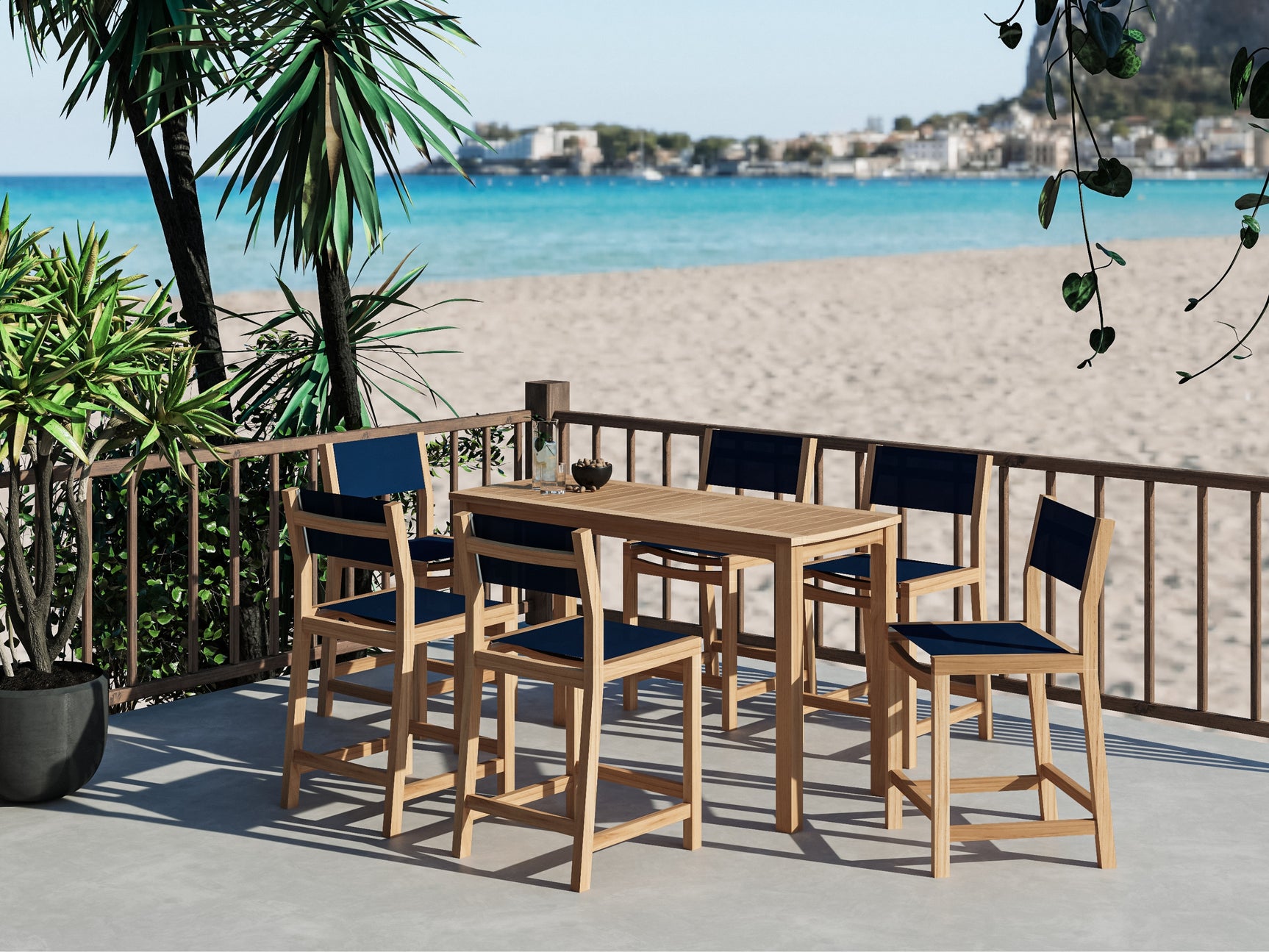 Pearl 7-Piece Rectangular Teak Blue Outdoor Counter Height Dining Set - Ornate Home