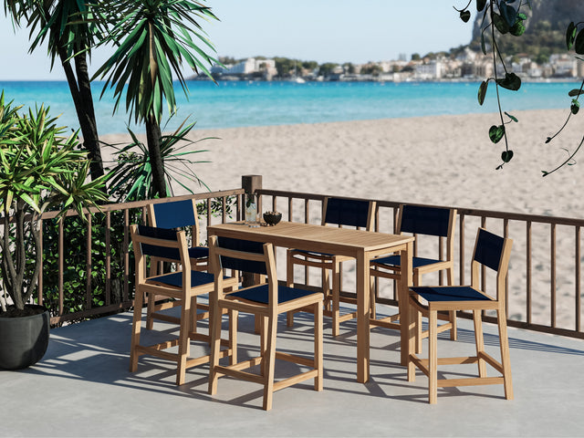Pearl 7-Piece Rectangular Teak Blue Outdoor Counter Height Dining Set - Ornate Home