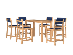 Pearl 7-Piece Rectangular Teak Blue Outdoor Counter Height Dining Set - Ornate Home