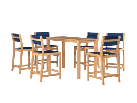 Pearl 7-Piece Rectangular Teak Blue Outdoor Counter Height Dining Set - Ornate Home